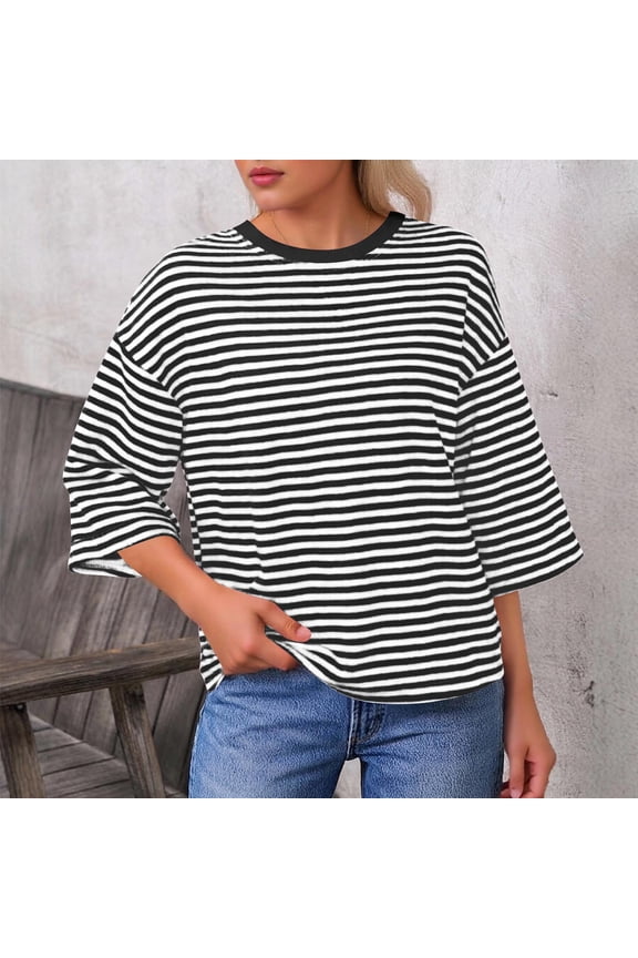 Tops for Women Summer Striped Round Neck Three Quarter Sleeve Drop Shoulder Shirts Loose Tie Back Tops