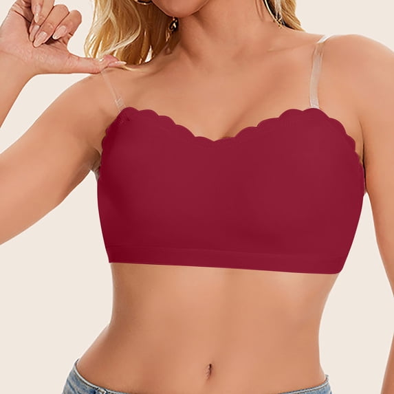 PInxai Tube Bras for Women Adjustable Clear Straps Scalloped Bralettes Comfy Breathable Stretch Supportive Bras,Red,XL