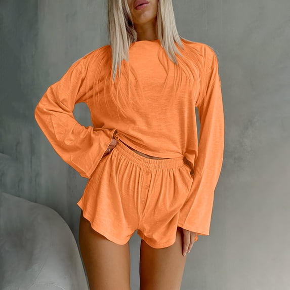 PInxai Vacation Outfits for Women Loose Casual Long Sleeve Crop Tops Elastic Waisted Wide Leg Shorts Trendy Beach Matching Sets,Orange,S