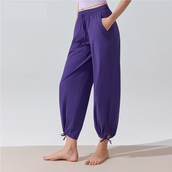 PInxai Wide Leg Pants Women Drawstring Elastic Waisted Loose Pants Casual Yoga Pants Solid Color with Pockets,Purple,S