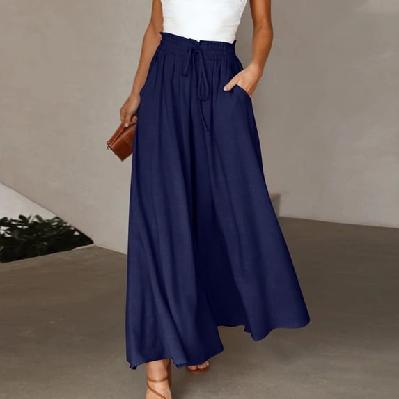 PInxai Wide Leg Pants Women High Drawstring Elastic Waisted Ruched Flowy Pants Casual Loose Trousers with Pockets