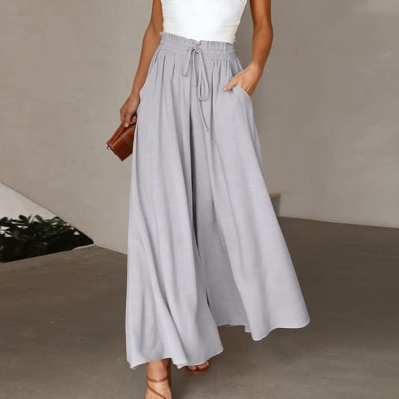 PInxai Wide Leg Pants Women High Drawstring Elastic Waisted Ruched Flowy Pants Casual Loose Trousers with Pockets