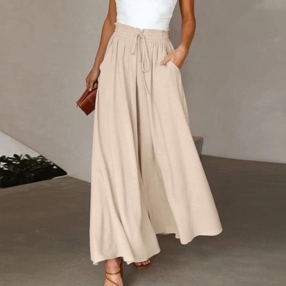 PInxai Wide Leg Pants Women High Drawstring Elastic Waisted Ruched Flowy Pants Casual Loose Trousers with Pockets