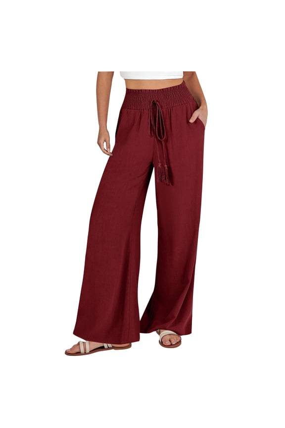 Wide Leg Pants Women High Drawstring Elastic Waisted Ruched Pants Causal Loose Trousers with Pockets