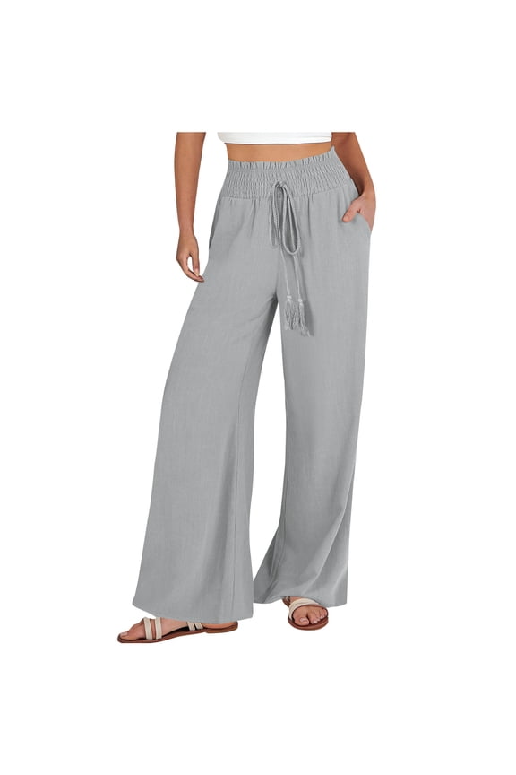 Wide Leg Pants Women High Drawstring Elastic Waisted Ruched Pants Causal Loose Trousers with Pockets