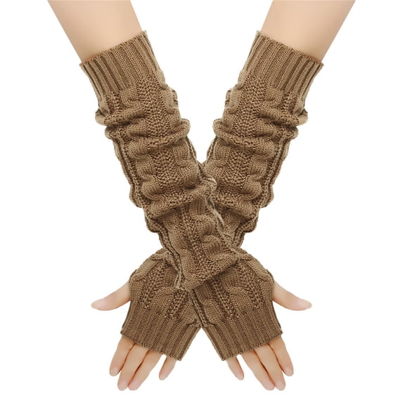 PInxai Winter Gloves for Women Arm Warmer Sleeve Knitted Warm Long Gloves Solid Color Stretchy Mittens Outdoor,Khaki,Free Size