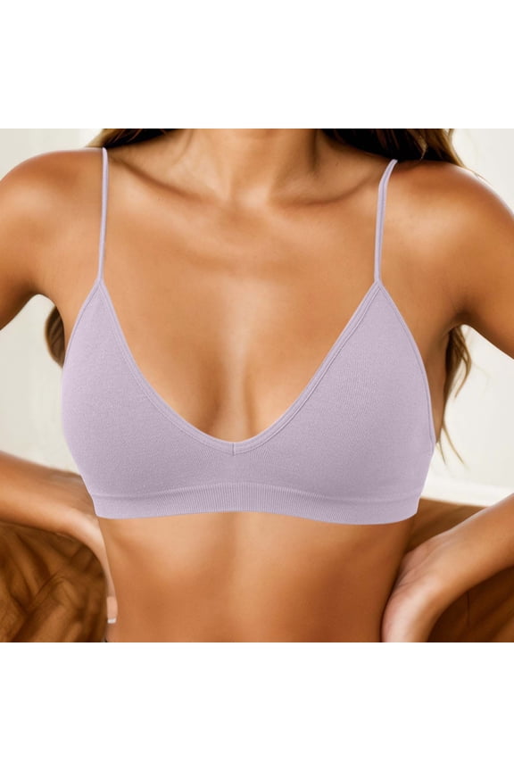 Wireless Bras for Women Adjustable Spaghetti Straps V Neck Low Cut Bralettes Comfy Ribbed Camis Bras,Silver,M