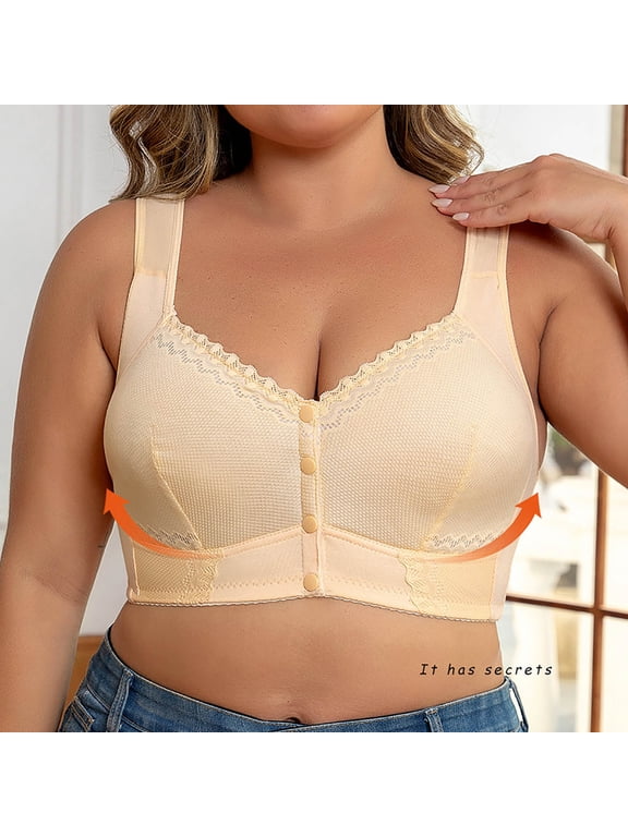 Womens Bras Wireless Wide Straps Snap Front Closure Bralettes Easy Closure Seniors Smoothing Everyday Bras,Beige,M