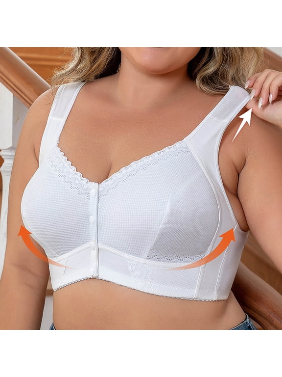 Womens Bras Wireless Wide Straps Snap Front Closure Bralettes Easy Closure Seniors Smoothing Everyday Bras,White,M