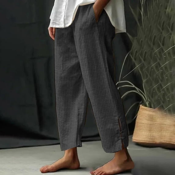 PInxai Womens Cotton Linen Pants Summer Elastic Waisted Casual Trousers Loose Fitting Lightweight Striped Side Split Vacation Pants with Pockets