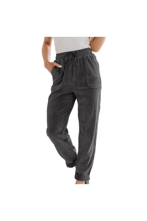 Womens Pants Corduroy Drawstring Elastic Waisted Pants Casual Loose Fitting Trousers with Patch Pockets
