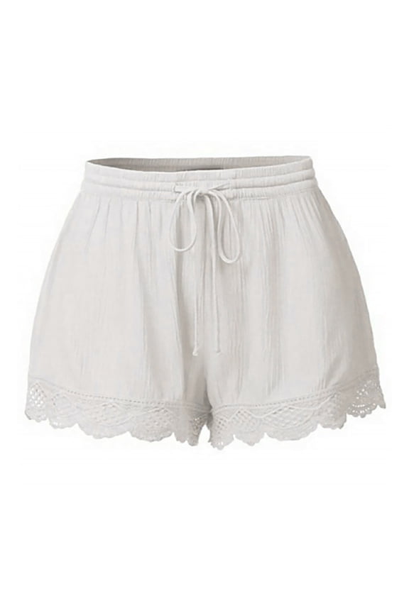 Womens Shorts Summer Cotton Linen Drawstring Elastic Waisted Lace Hem Shorts Cute Lightweight Loose Boho Shorts