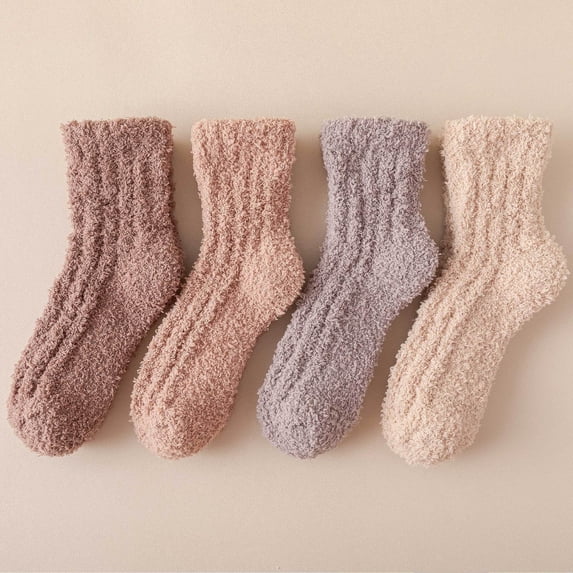 PInxai Womens Socks 4 Pairs Fleece Fluzzy Comfortable Warm Thick Winter Crew Socks Casual Daily Wear Thermal Socks,Coffee,Free Size