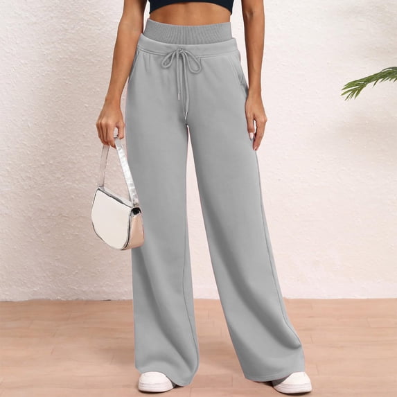 PInxai Womens Sweatpants High Drawstring Elastic Waisted Casual Workout Pants Comfy Wide Leg Pants with Pockets,Gray,L