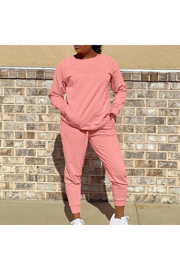 Womens Sweatsuits Causal Workout Sets Long Sleeve Loose Tops Drawstring Tapered Pants with Pockets Winter,Pink,L