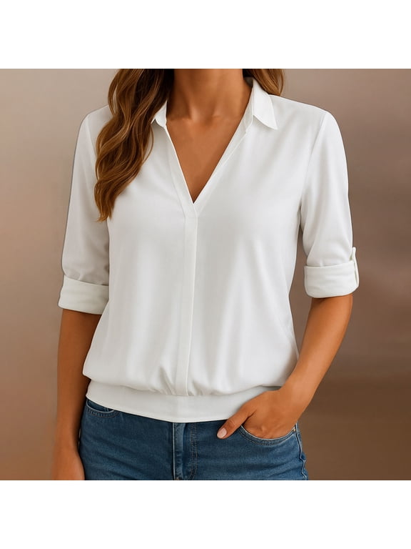 Womens Tops Dressy Casual Lapel V Neck Long Sleeve Office Shirts Loose Stretchy Work Cropped Blouses Tops,White,L