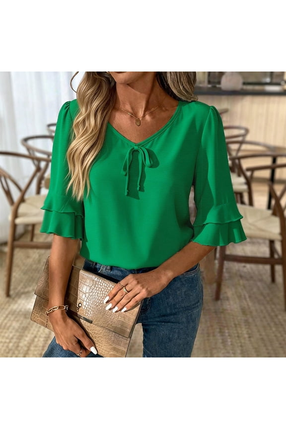 Womens Tops Dressy Casual V Neck Ruffle Three Quarter Sleeve Blouses Tie Front Loose Fitting Office Shirts Tops