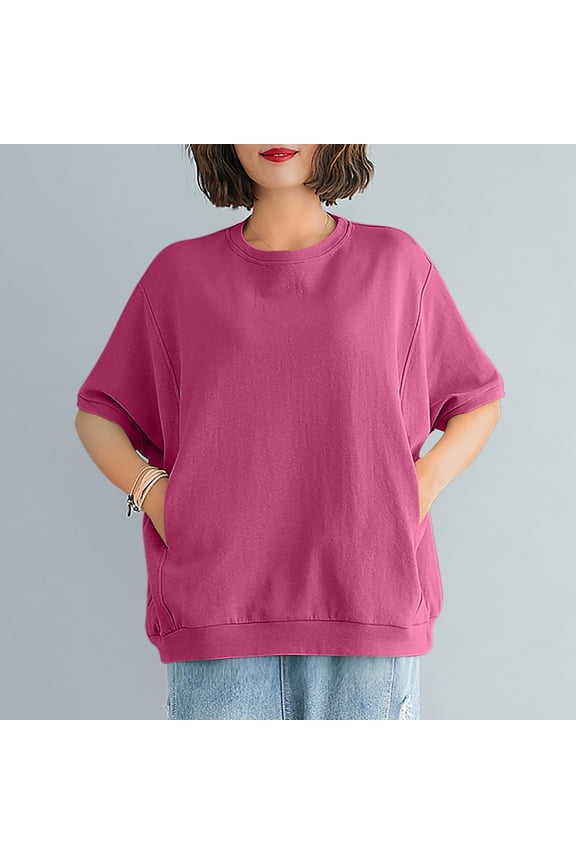 Womens Tops Oversized Round Neck Three Quarter Sleeve Drop Shoulder Sweatshirts Loose Casual Pullover with Pockets
