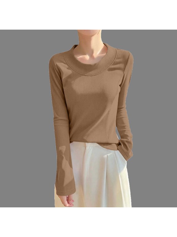 Womens Tops Round Neck Long Sleeve Loose Fitting Shirts Casual Daily Comfy Stretchy Basic Blouses Tops