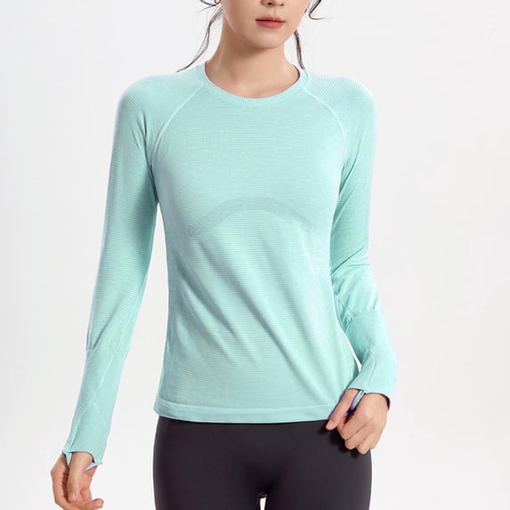 PInxai Workout Tops for Women Crew Neck Long Sleeve Basic T Shirts Stretch Breathable Athletic Running Yoga Shirts,Green,S