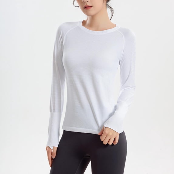 PInxai Workout Tops for Women Crew Neck Long Sleeve Basic T Shirts Stretch Breathable Athletic Running Yoga Shirts,White,S