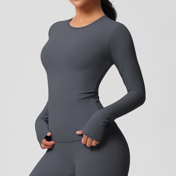 PInxai Workout Tops for Women Round Neck Long Sleeve Athletic Shirts Skinny Breathable Quickly Dry Running Yoga Tops