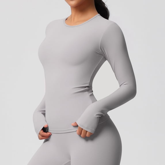 PInxai Workout Tops for Women Round Neck Long Sleeve Athletic Shirts Skinny Breathable Quickly Dry Running Yoga Tops