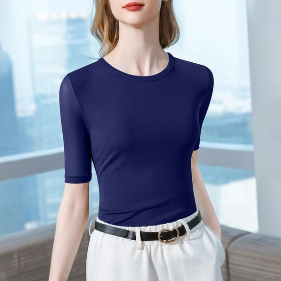 PInxai Workout Tops for Women Round Neck Three Quarter Sleeve Athletic Basic Shirts Slim Quickly Dry Breathable Tops,Blue,XXXL