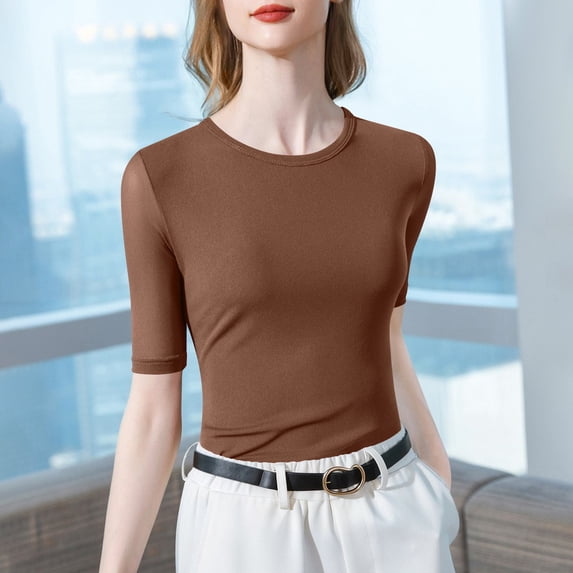PInxai Workout Tops for Women Round Neck Three Quarter Sleeve Athletic Basic Shirts Slim Quickly Dry Breathable Tops,Coffee,L