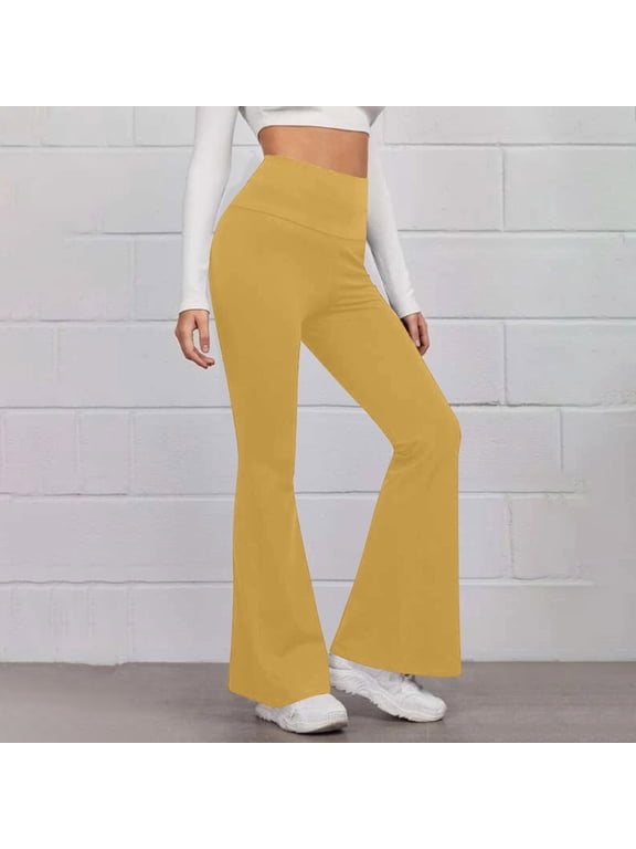 Yoga Pants for Women Flare Leg High Elastic Waisted Leggings Casual Athletic Skinny Workout Pants Solid Color,Yellow,XL