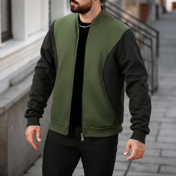 PInxai Zip up Sweatshirts Men Fall No Hood Long Sleeve Coats Lightweight Casual Loose Outdoor Jackets Color Block,Army Green,M
