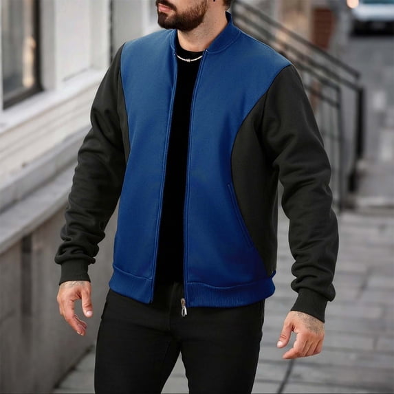 PInxai Zip up Sweatshirts Men Fall No Hood Long Sleeve Coats Lightweight Casual Loose Outdoor Jackets Color Block,Dark Blue,XXL