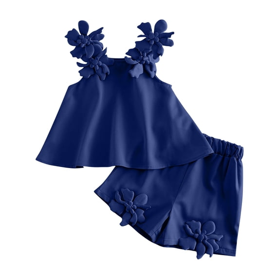 PInxia Clothes for Girls 2 Piece Sets Summer Square Neck Sleeveless Tank Tops Elastic Waisted Wide Leg Shorts Loose Casual Outfits,Dark Blue,2-3 Years