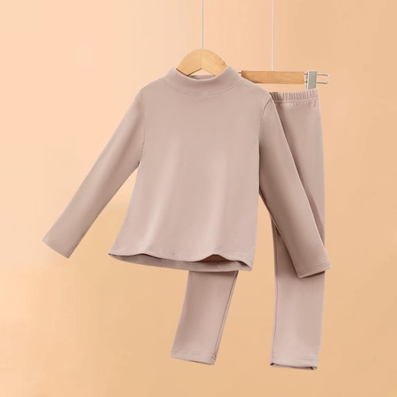 PInxia Fall Unisex Clothes Girls Boys Thermal Underwear Sets High Neck Long Sleeve Tops Elastic Waisted Slim Leg Pants Comfy 2 Piece Outfits,Khaki,9-10 Years