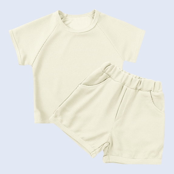 PInxia Summer Unisex Clothes Girls Boys 2 Piece Outfits Crew Neck Short Sleeve Elastic Waisted Wide Leg Shorts with Pockets,Beige,4 Years