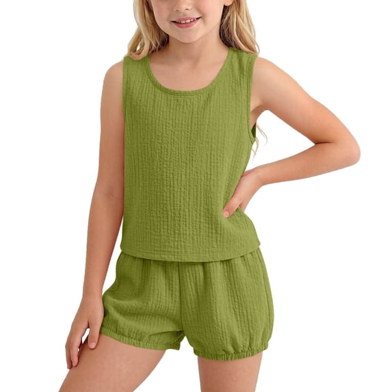 PInxia Summer Unisex Clothes for Kids Round Neck Sleeveless Tank Tops Elastic Waisted Shorts Casual Vacation Outfits,Green,7-8Years
