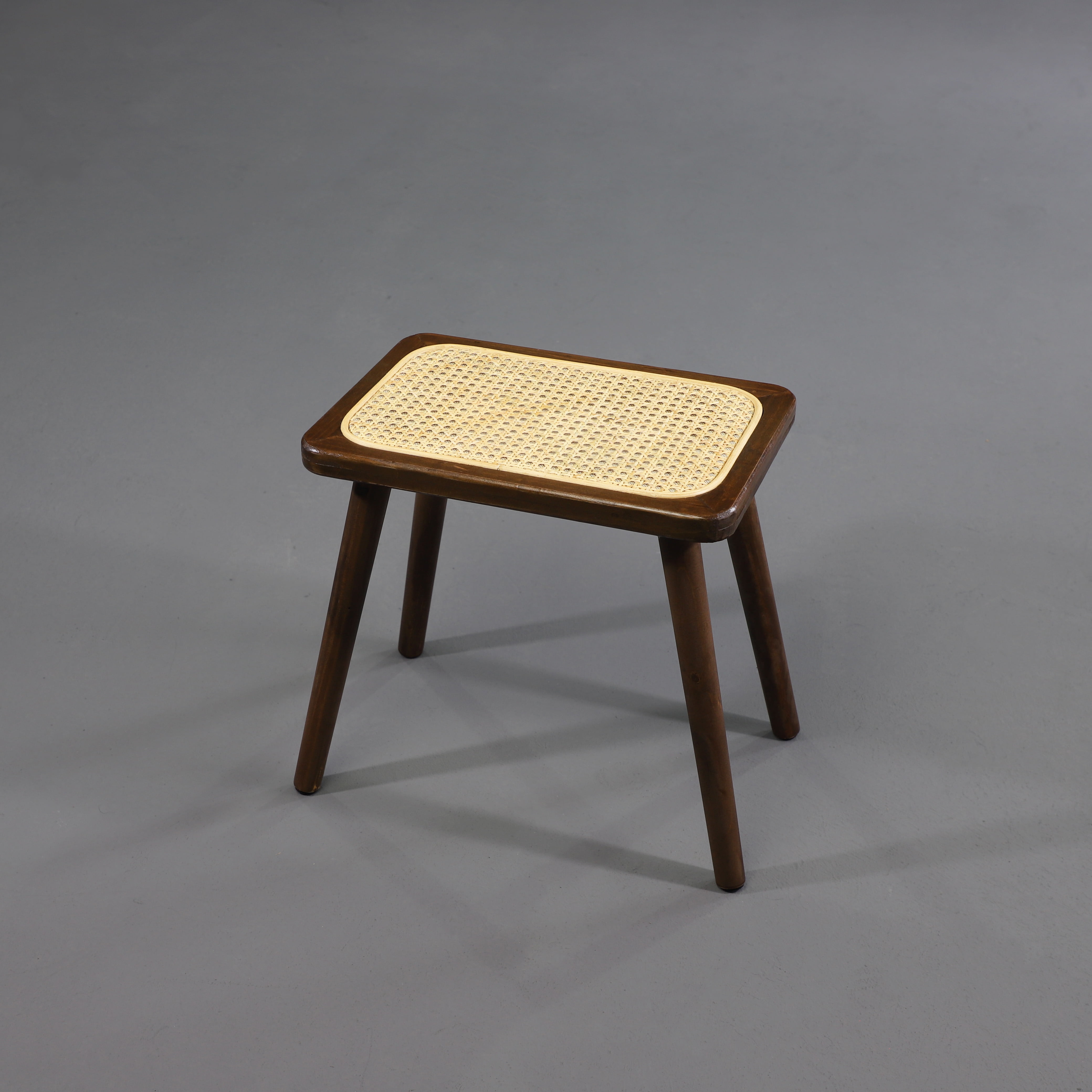 Walnut Wood Stool with Natural Rattan Top and Straight Legs
