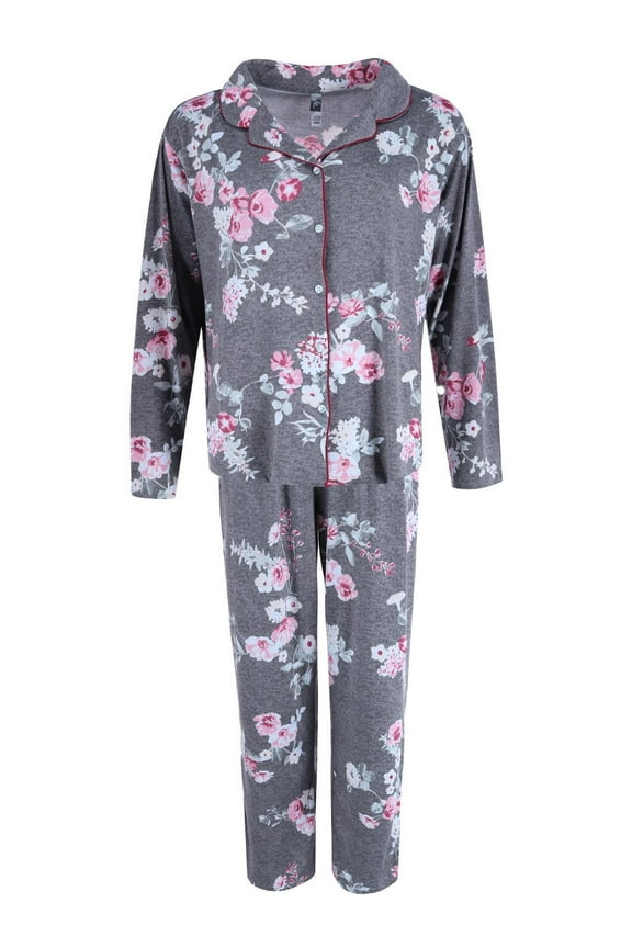 Floral Print Notch Pajama Set (Women's Plus)