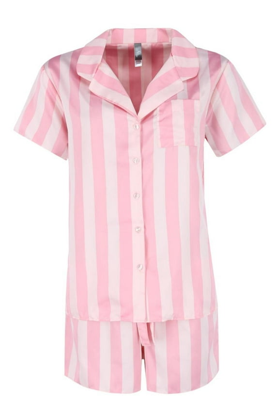 Pink Stripe Notch Collar Short Set (Women)
