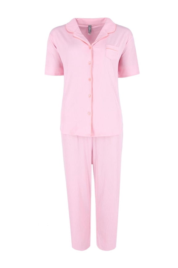 Retro Notch Collar Short Sleeve Capri Set (Women)