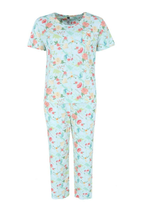 Tropical Floral Ribbed Short Sleeve Capri Set (Women)