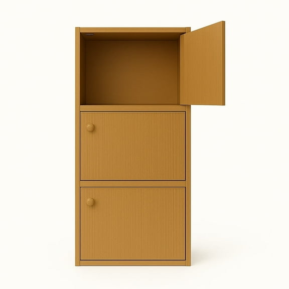 3-Tier Natural Bookcase with Doors Wood Grain Vertical Storage Shelf by PJ Furniture