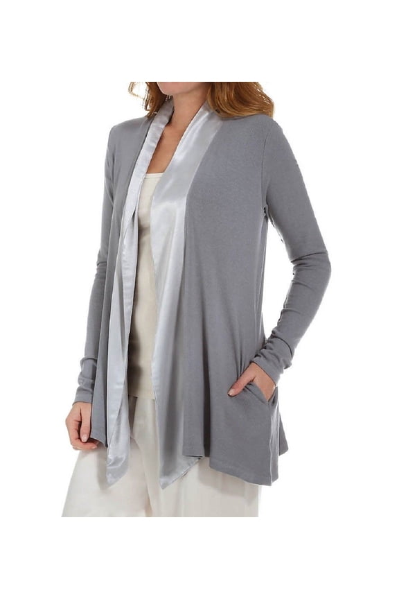 Shelby Rib Knit Cardigan With Satin Trim (Dark Silver, L)