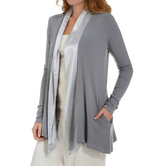 PJ Harlow Shelby Rib Knit Cardigan With Satin Trim (Dark Silver, XL)