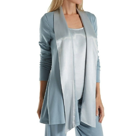 PJ Harlow Shelby Rib Knit Cardigan With Satin Trim (Morning Blue, M)