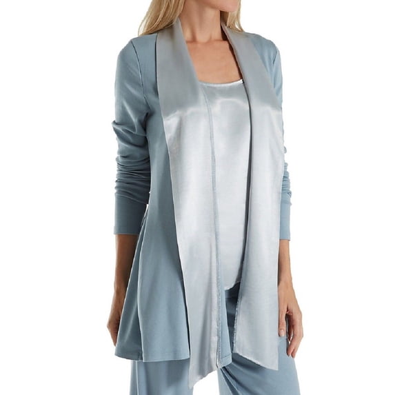 PJ Harlow Shelby Rib Knit Cardigan With Satin Trim (Morning Blue, XS)