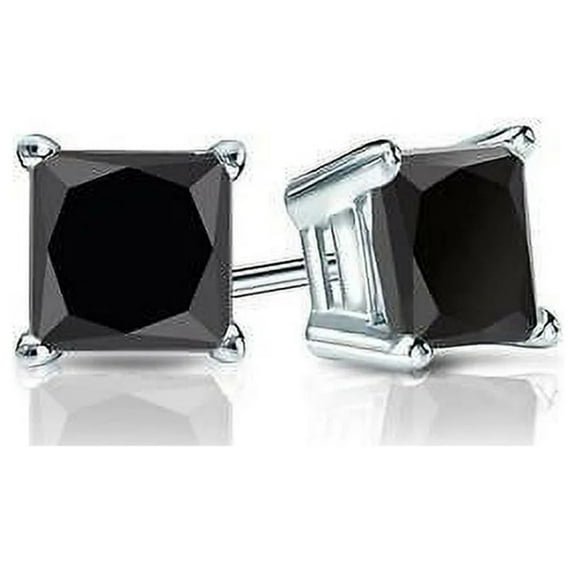 1 Ct Princess Cut Lab-Grown Black Sapphire Stud Earrings, 18k White Gold Plated by Paris Jewelry