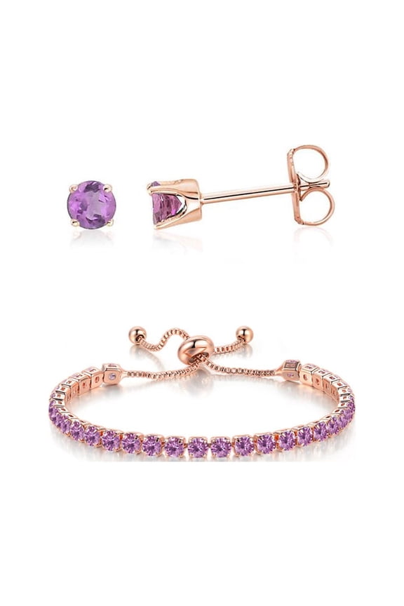 PJ Jewelry 10k Rose Gold 7Ct Amethyst Round Adjustable Tennis Bracelet & Earrings Set Plated