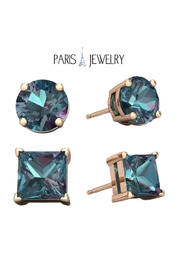 18k Rose Gold Stud Earrings Created Alexandrite, 6mm Round & Princess Cut for Women Plated by Paris Jewelry