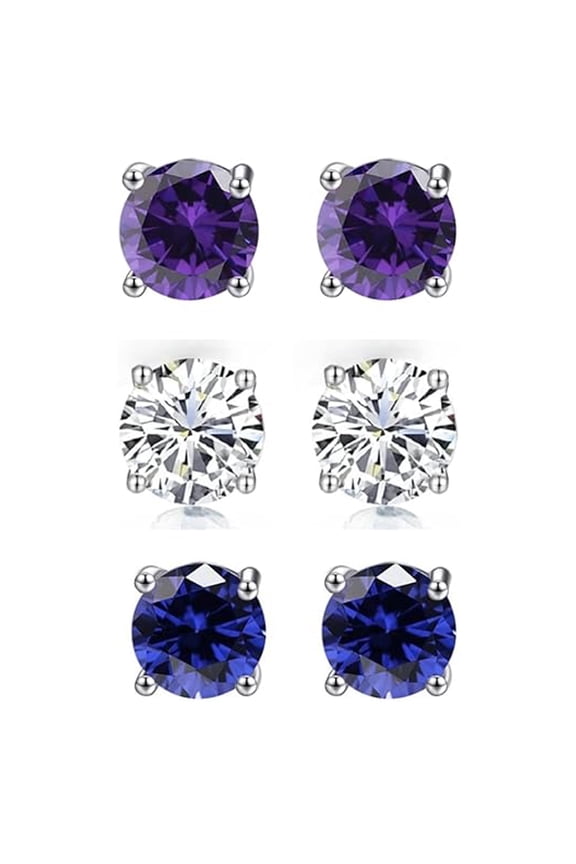 18k White Gold 3 Ct Amethyst, White Sapphire & Blue Sapphire Round Stud Earrings for Women Plated by Paris Jewelry